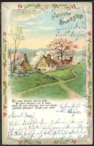 AK Frühlingslandschaft mit blühenden Bäumen, Fröhliche Pfingsten