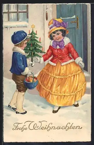 AK Zwei Kinder mit Weihnachtsbaum, Frohe Weihnachten
