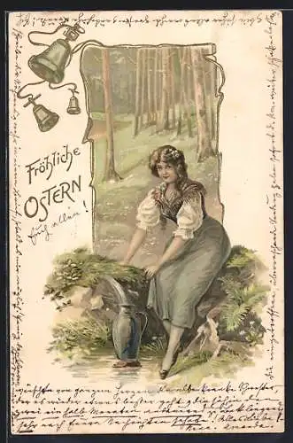 AK Ostern, Mädchen holt Wasser mit Krug, Glocken