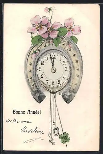 AK Uhr mit Hufeisen, Bonne Année