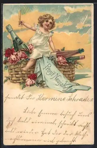 AK Kind mit Sektkorb stösst zu Neujahr an