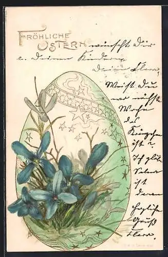 AK Osterei mit blauen Blumen, Fröhliche Ostern
