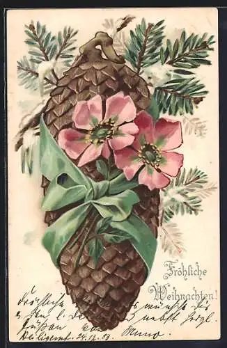 AK Tannenzapten mit grüner Schleife und Blumen, Fröhliche Weihnachten