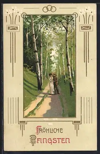 AK Fröhliche Pfingsten, Paar beim Spaziergang, Jugendstil-Passepartout