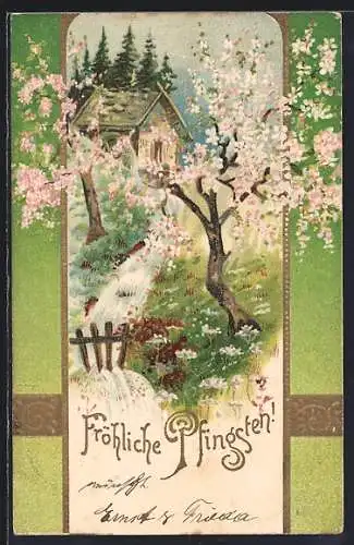 Lithographie Bach plätschert zwischen den blühenden Obstbäumen, Fröhliche Pfingsten
