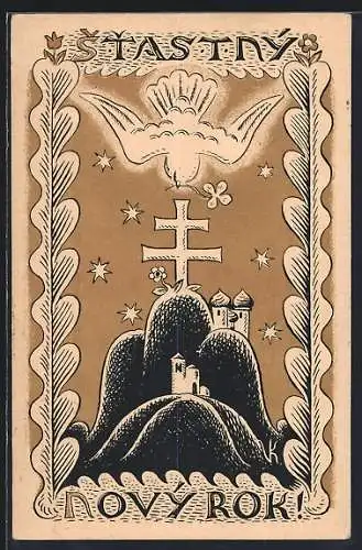 AK Taube mit Kleeblatt über Kreuz, Novy Rok