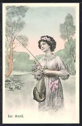 AK Frau mit Angel und Fisch, 1er Avril