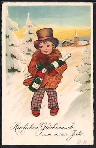 AK Kind mit Sektflaschen im Schnee, Neujahr