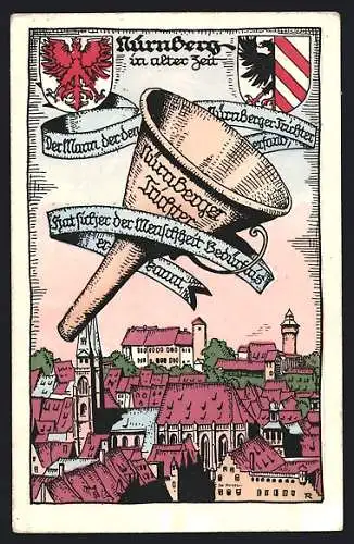 AK Nürnberg, Nürnberger Trichter, Panorama, Wappen