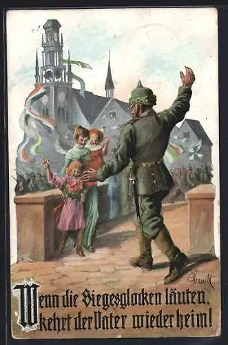 AK Soldat in Uniform mit Pickelhaube wird von Familie in der Heimat begrüsst