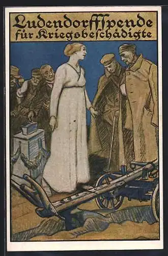 AK Ludendorff-Spende für Kriegsbeschädigte, Männer werfen Geld in Spendendose, Kriegsversehrte