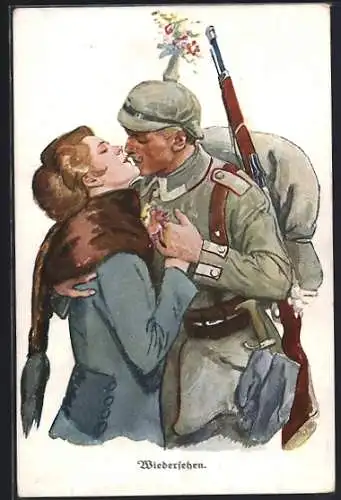 Künstler-AK Ernst Heilemann: Das Wiedersehen in der Heimat, Soldat mit Pickelhaube