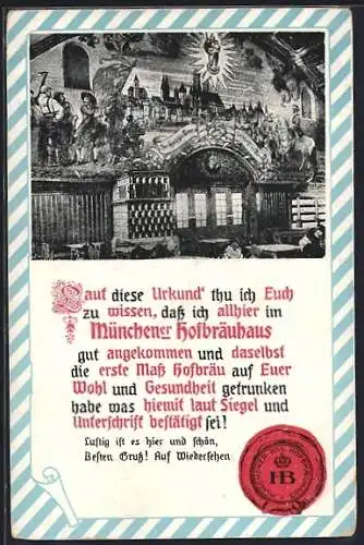 AK Münchner Hofbräuhaus, Innenansicht mit Wandgemälde, Urkunde mit Siegel