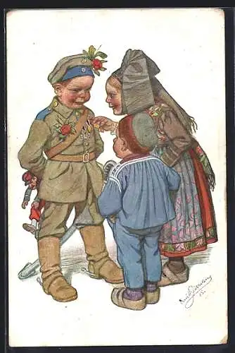 Künstler-AK Emil Beithan: Mutter und Sohn bewundern die Orden des heimkehrenden Soldaten