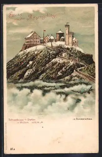 Lithographie Riesengebirge, Schneekoppenhäuser in den Wolken