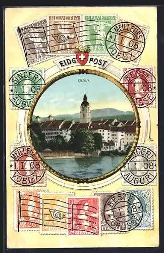 AK Olten, Teilansicht der Ortschaft, Briefmarken