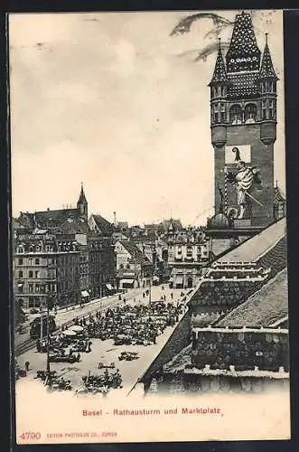 AK Basel, Rathausturm und Marktplatz