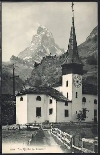 AK Zermatt, Kirche mit Gebirgspanorama