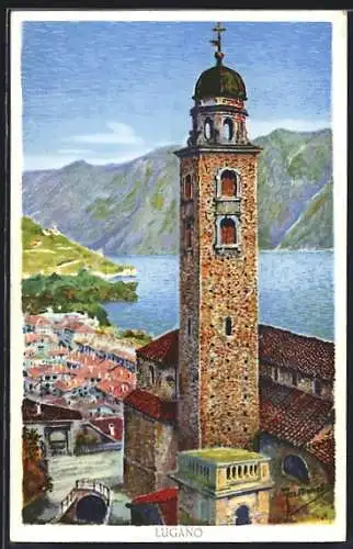 Künstler-AK Lugano, Ortspartie mit Kirchturm