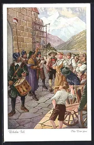 Künstler-AK O. Peter: In Altdorf, Der Gesslerhut, Wilhelm Tell