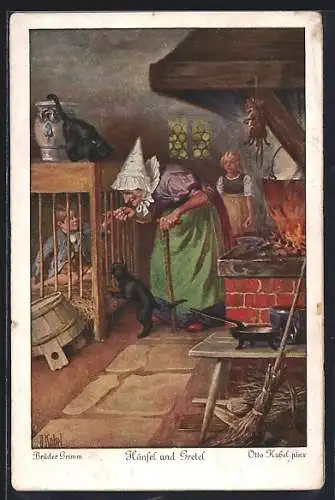 Künstler-AK Otto Kubel: Hänsel und Gretel, Hänsel hält ein Stöckchen durch den Käfig zur Hexe hin