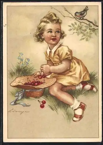 Künstler-AK Mädchen sammelt Kirschen in ihrem Hut