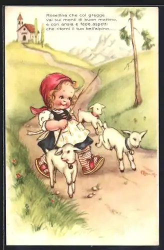 Künstler-AK Mädchen läuft mit Lämmer einen Weg entlang