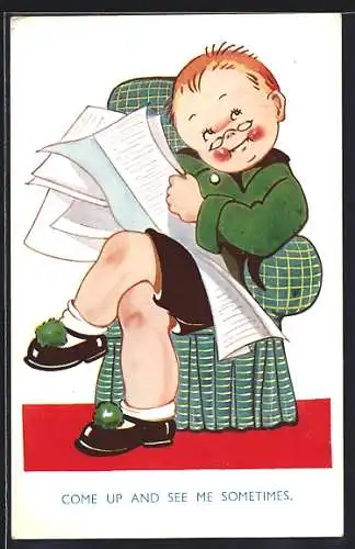 Künstler-AK Junge sitzt auf einem Sessel und liest Zeitung, Come up and see me sometimes