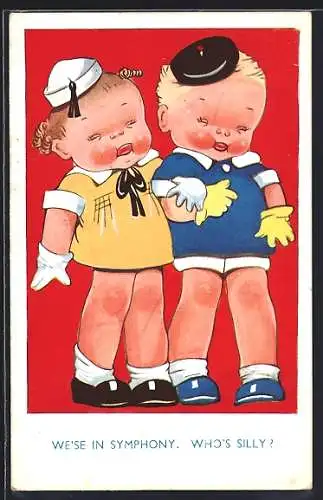Künstler-AK Zwei Kinder Arm in Arm, We`se in symphony. Who`s silly