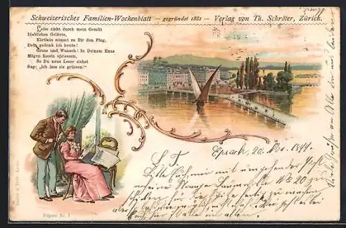 Lithographie Zürich, Schweizerisches Familien-Wochenblatt gegründet 1881, Uferpartie, Paar mit Zeitung