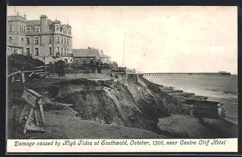 AK Southwold, Damage caused by High Tides 1905 nar Centre Cliff Hotel, Unwetter