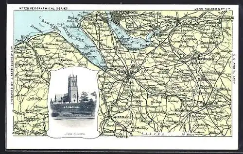 AK Lymm, Kirche, Landkarte mit Wrexham, Middlewich und Liverpool, Passepartou