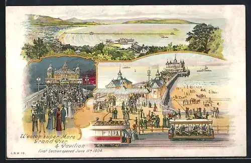 Künstler-AK Weston-super-Mare, Panorama, Grand Pier & Pavilion, Strassenbahn