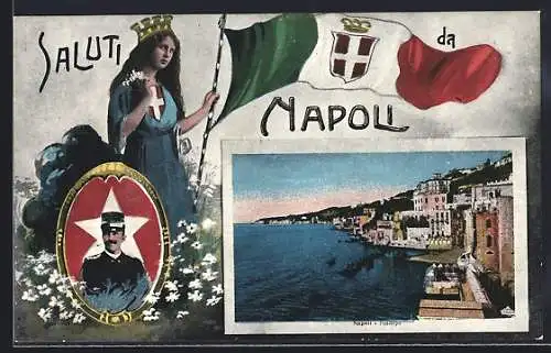 AK Napoli, Posillipo, Soldatenportrait, Junge Frau mit Flagge von Italien