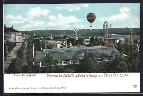 AK Dresden, Deutsche Städte-Ausstellung 1903, Ausstellungspark mit Ballon