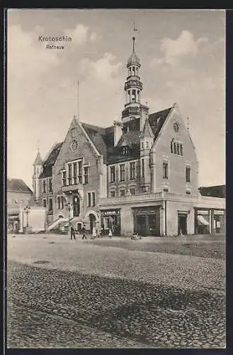 AK Krotoschin, Rathaus und Geschäft vom L. Keiler