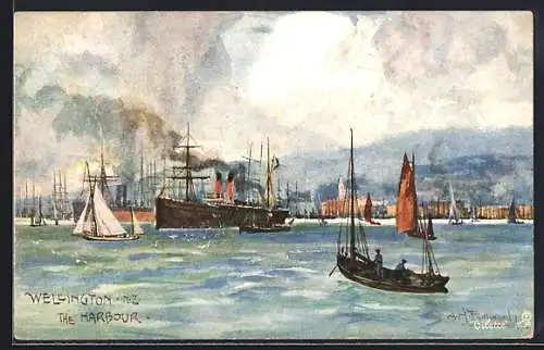 Künstler-AK Wellington, the Harbour, Hafenpartie, Neuseeland