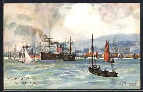 Künstler-AK Wellington, the Harbour, Hafenpartie, Neuseeland
