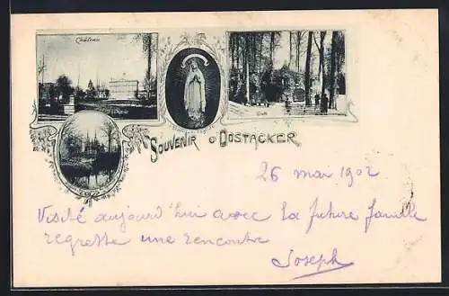 AK Oostacker, Chateau, Grotte, Eglise, Statue