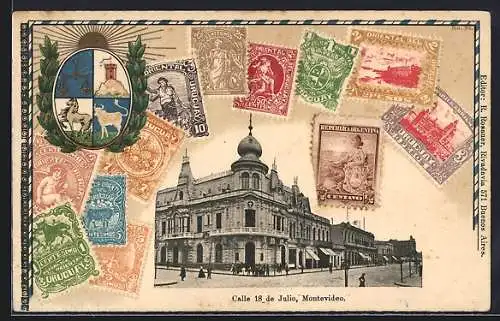 AK Montevideo, Calle 18 de Julio, Briefmarken mit Wappen