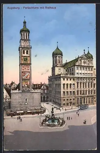 AK Augsburg, Perlachturm mit Rathaus, Strassenbahn