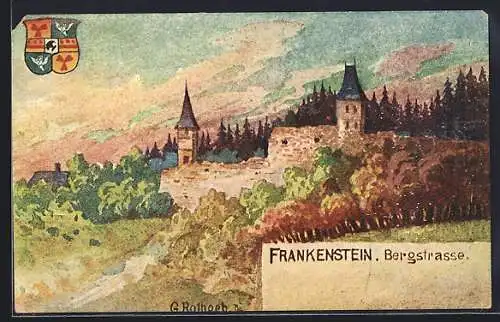 Künstler-AK Frankenstein, Bergstrasse, Totale und Wappen