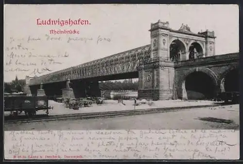 AK Ludwigshafen / Rhein, Rheinbrücke, Eisenbahngleise und Güterwaggon
