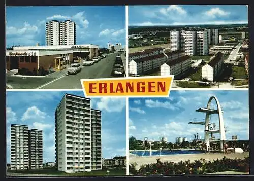 AK Erlangen, Wohnhochhaus, Kaufmarkt Süd, Schwimmbad mit Sprungturm