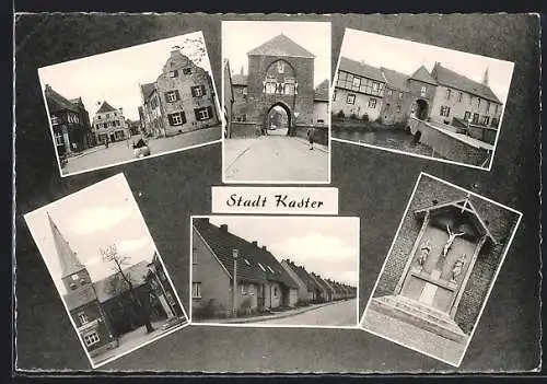 AK Kaster, Strassenpartie mit Wohnhäusern, Kirche, Stadttor