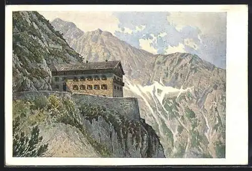 AK Karwendelhaus, Berghütte mit Bergpanorama