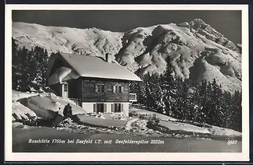 AK Rosshütte mit Seefelderspitze, Berghütte im Winter