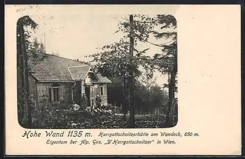 AK Herrgottschnitzerhütte, am Wandeck, Hohe Wand, zwei Männer vor der Hütte