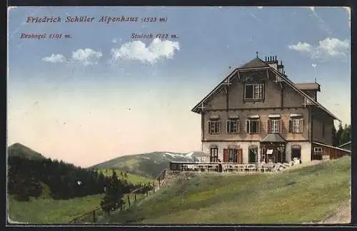 AK Friedrich Schüler Alpenhaus, Berghütte mit Erzkogel und Stuleck