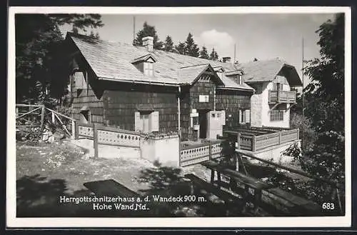 AK Herrgottschnitzerhütte, Berghütte am Wandeck, Hohe Wand, Hüttenansicht